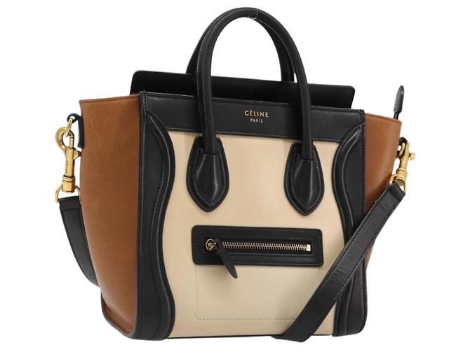 Céline Bolsa CELINE Luggage Nano Micro Mini de Couro 2way Bege Dourado Auth ka4812V