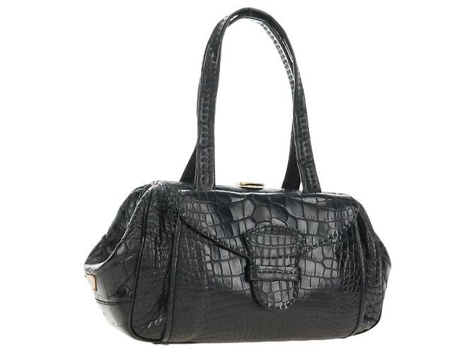 Sac à main PRADA en cuir embossé croco noir Or Auth 185588V Doré