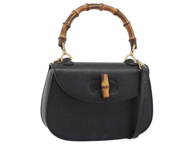 Bolsa de Ombro GUCCI Bamboo em Couro 2way Preto Ouro 000 1014 0188 Auth 187626SAV Dourado