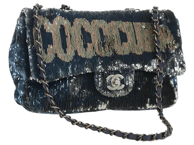 CHANEL Coco Cuba Chain Shoulder Bag Sequin Blue Silver CC Auth 185311SM Argento