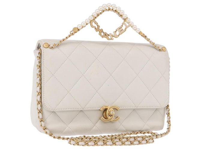 CHANEL Matelasse Chain Shoulder Bag Lamb Skin 2way White Gold CC Auth 185768SAM Blanco Dorado