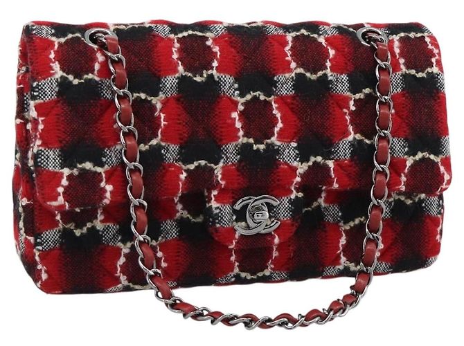CHANEL Matelasse25 Double Flap Chain Bag Tweed Red Silver CC Auth 187053SAM Argento Rosso