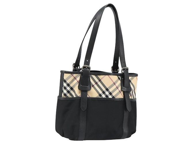 Borsa a mano BURBERRY Nova Check in nylon Beige Nero Argento Auth 187375A