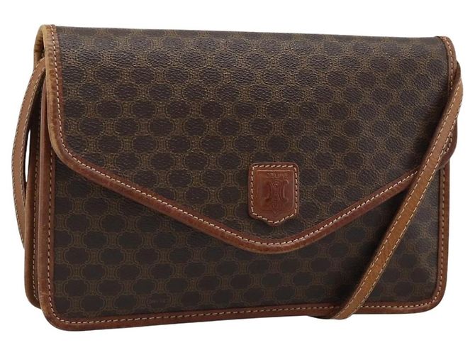 Céline CELINE Macadam Canvas Schultertasche PVC Leder Braun Gold Auth ka4803 Golden
