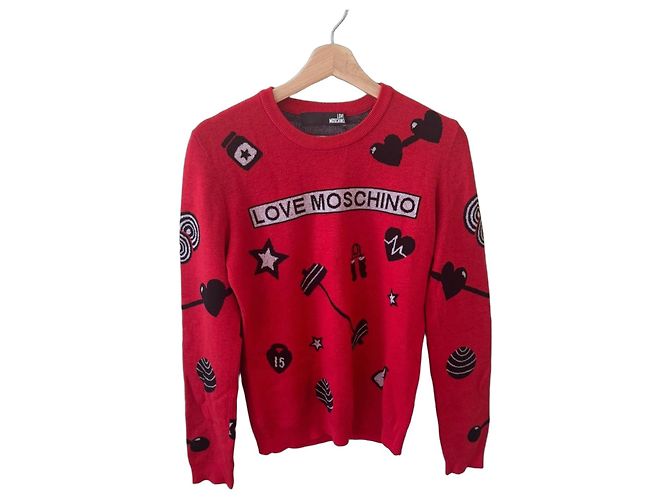 Love Moschino Roter Wollpullover Gym-Motive Schwarz Weiß
