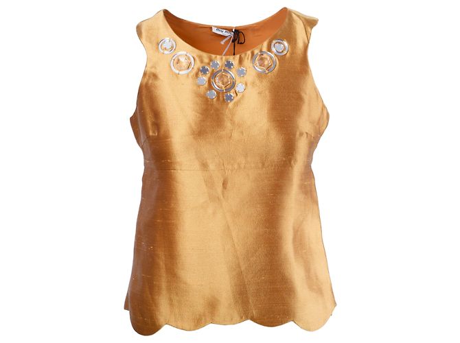 Top de seda dourado Miu Miu com decote decorado Bronze