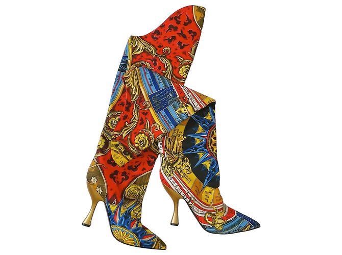 Moschino Botas Mosqueteras Estampado Barroco Pre-Fall 2019 Roja Azul Dorado Amarillo