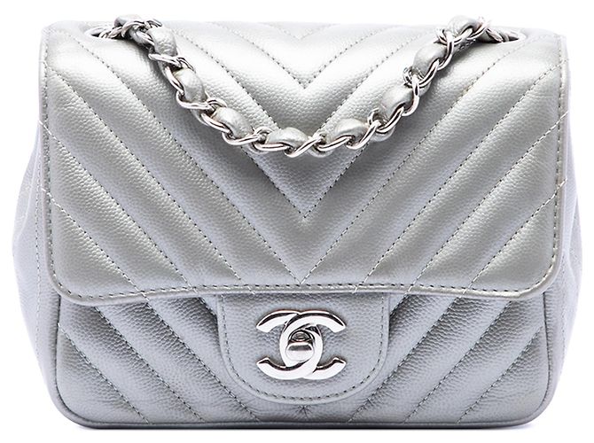 Chanel Mini Square Classic Chevron Caviar Prata Single Flap