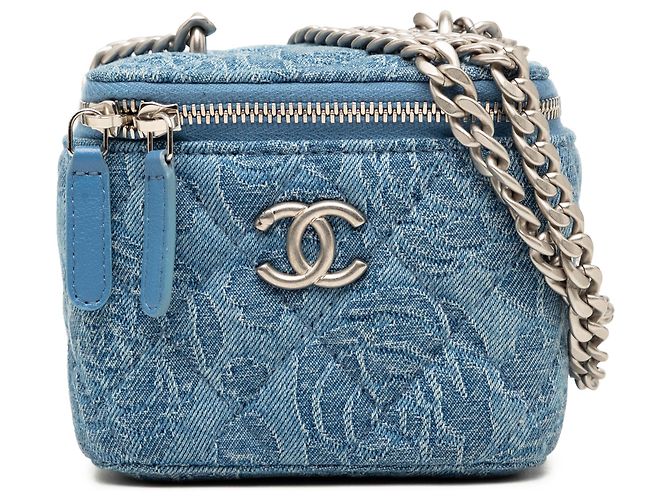 Vanity Necessaire Chanel Blue Mini em denim acolchoado com camélia Sweetheart e corrente Azul