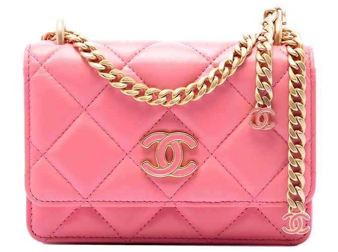 Wallet On Chain Chanel Cartera On Chain en piel de cordero acolchada rosa mini con cierre CC