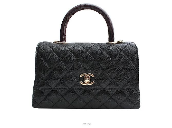 Chanel Coco Handle Medium Black Caviar Lizard Champagne Gold Interior Chip Noir