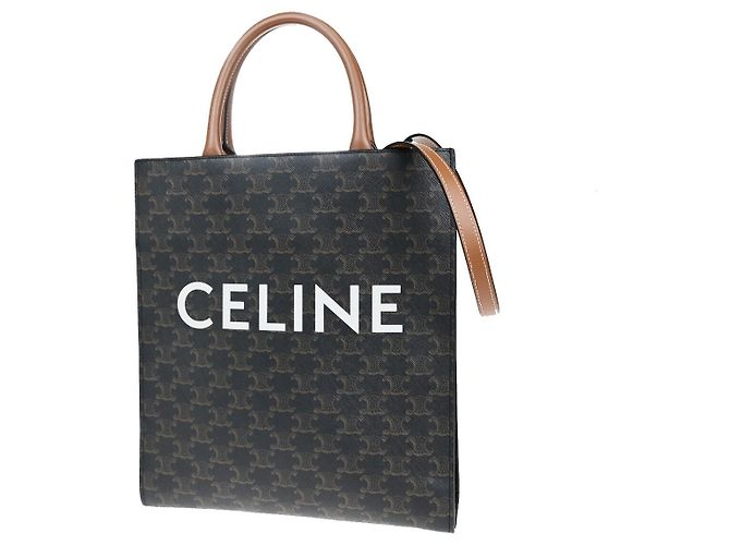 Céline Cabas Vertical Triomphe Celine en Lona Recubierta Small Castaño