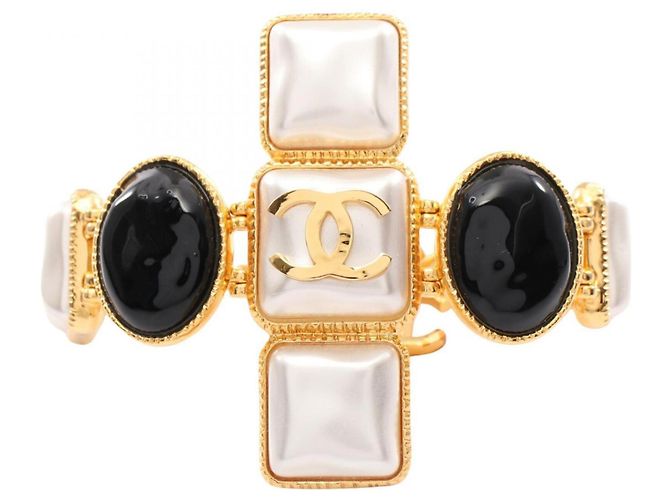 Chanel Coco Mark Gripoix Charm Bracelet Black White Golden