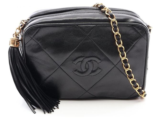 Borsa a Spalla Chanel Coco Mark Diamond Stitch Fringe Nero