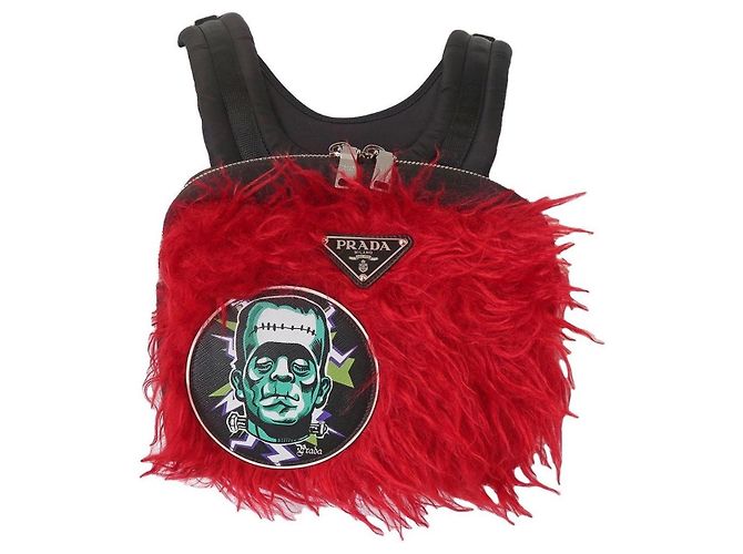 Saffiano Prada Mini Zaino Frankenstein - Finta Pelliccia Rossa e Nylon Nero Rosso