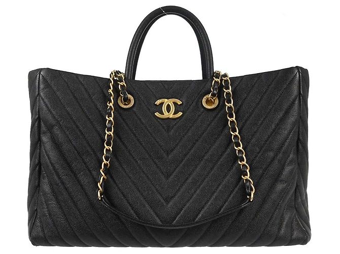 Bolsa Chanel Shopping em malha acolchoada Pluto Glitter Large Preto