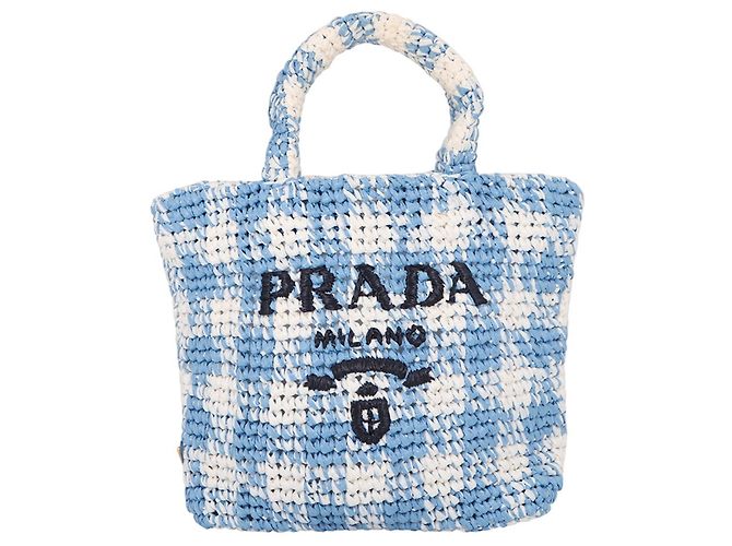 Tote Sac cabas Prada Crochet Small Raffia Blanc Bleu