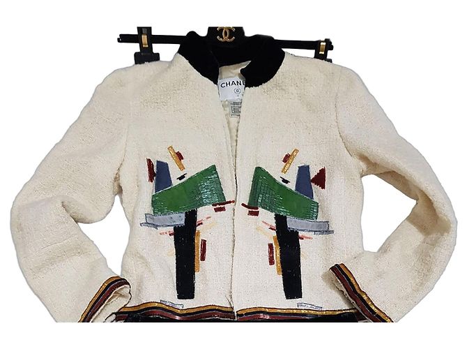 Chanel 03A Cream Tweed Embellished Jacket Black Metallic Gold hardware