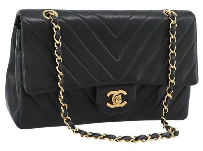 Borsa a Spalla CHANEL V stitch Chain in Pelle di Agnello Nera e Oro CC Auth 189090M Nero D'oro
