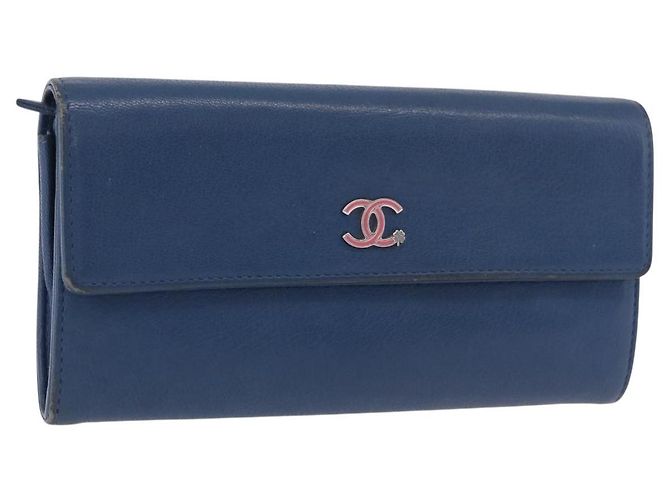 CHANEL Long Wallet Leather Blue Silver CC Auth 189356 Silvery