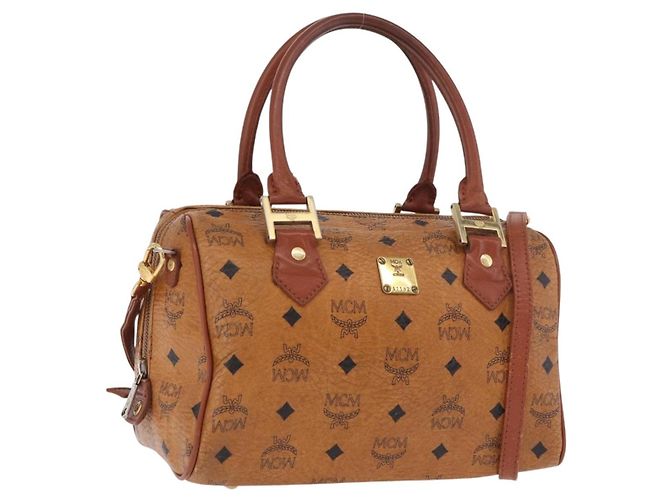 Sac à main MCM Vicetos Logogram PVC Cuir 2way Marron Or Auth ka4912 Doré