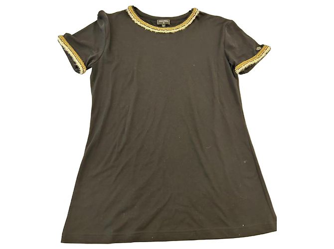 T-shirt Chanel nera in cotone con profilo intrecciato oro Nero