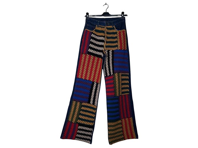 Farm Rio Vaqueros Wide Leg Patchwork Crochet Azul Multicolor