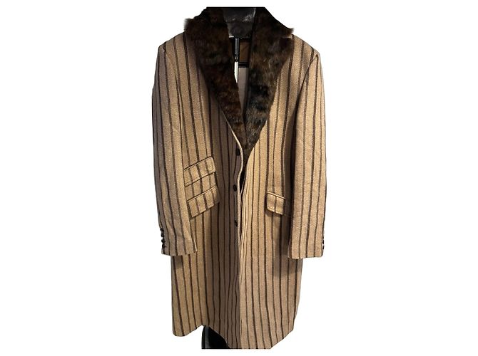 Just Cavalli Abrigo de lana a rayas con cuello de pelo Castaño Beige
