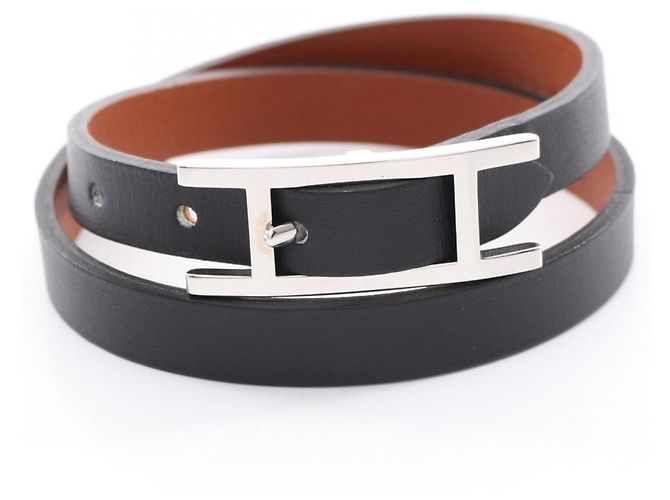 Hermès Hermes HERMES Be Api Double Tour Leather Bracelet Black 