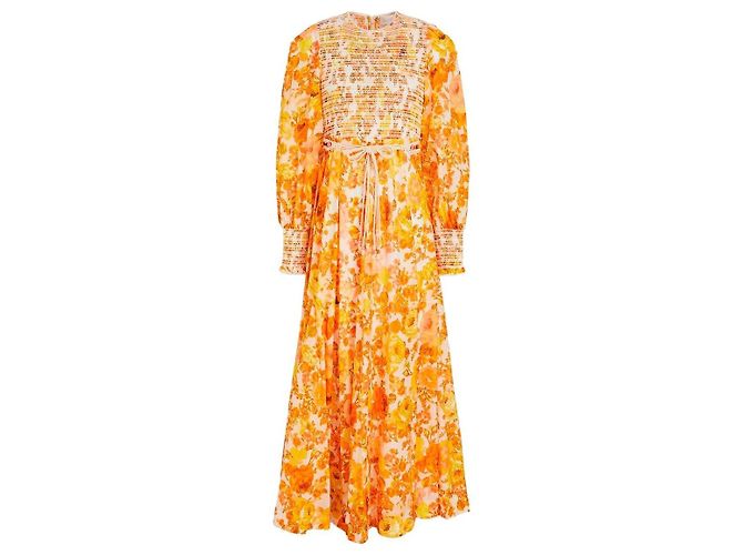 Zimmermann Langes Blumenkleid mit gerafftem Oberteil Weiß Orange Gelb 