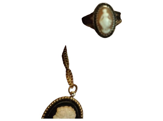 Autre Marque Anello Cameo Vintage Marrone Bianco 