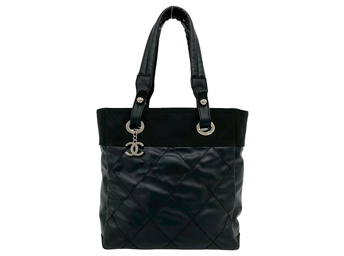 Bolsa Tote Chanel Paris Biarritz PM de couro e lona Preto