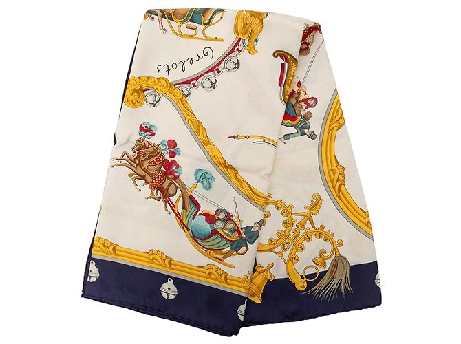 Pañuelo de seda Hermès White Plumes et Grelots 90 Blanco Azul marino