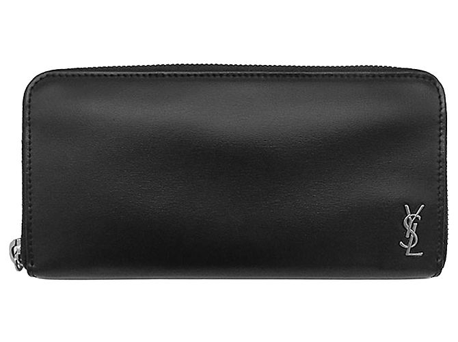 Saint Laurent Black Leather Tiny Cassandre Zip Around Long Wallet