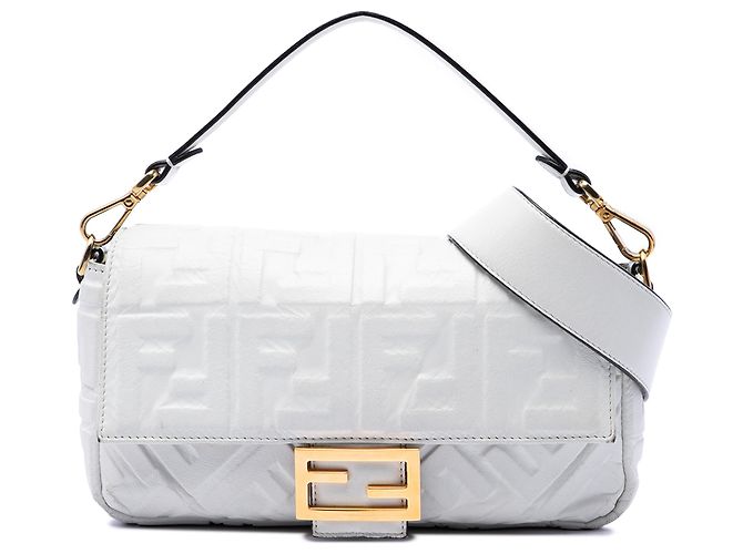 Bolsa Baguette de Couro com Relevo Zucca Branco Fendi