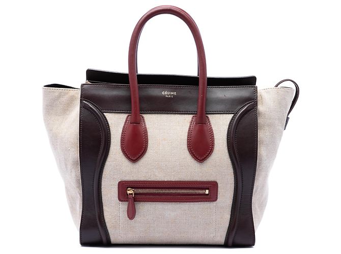 Céline Celine Tote Luggage Mini in tela tricolore e pelle marrone Beige