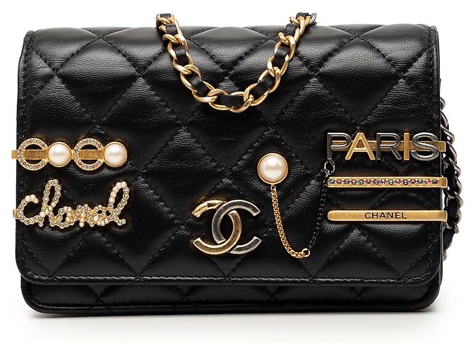 Chanel Black Mini CC gestepptes Lammleder Coco Clips Wallet on Chain Schwarz