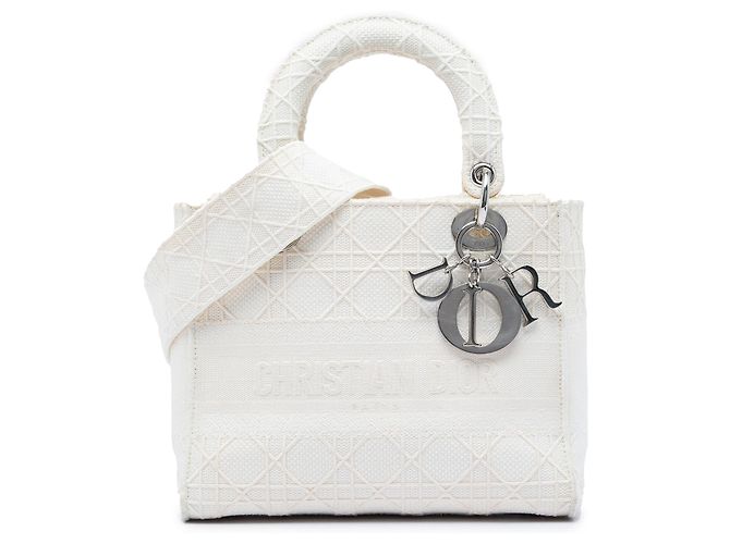 Dior Cannage Lady D Lite en toile brodée blanc Medium Écru