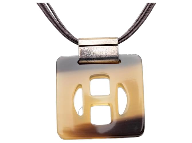 Hermès Brown Buffalo Horn Square Pendant Necklace 