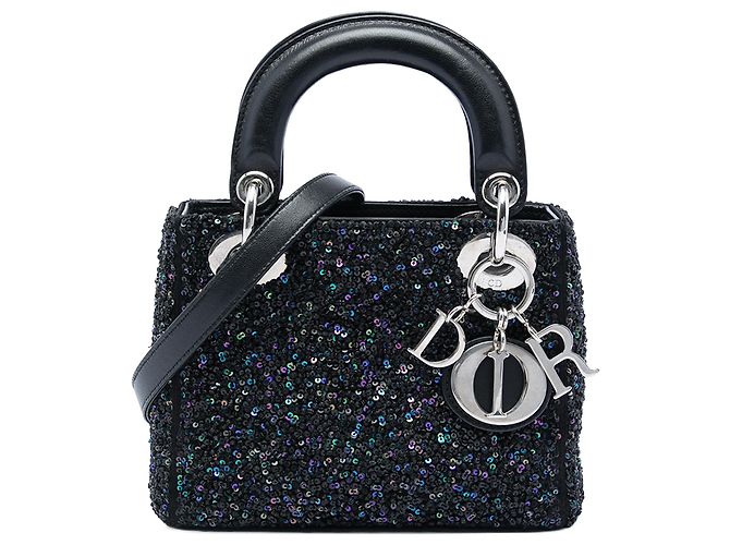 Lady Dior Dior mini en satin noir ornée de sequins