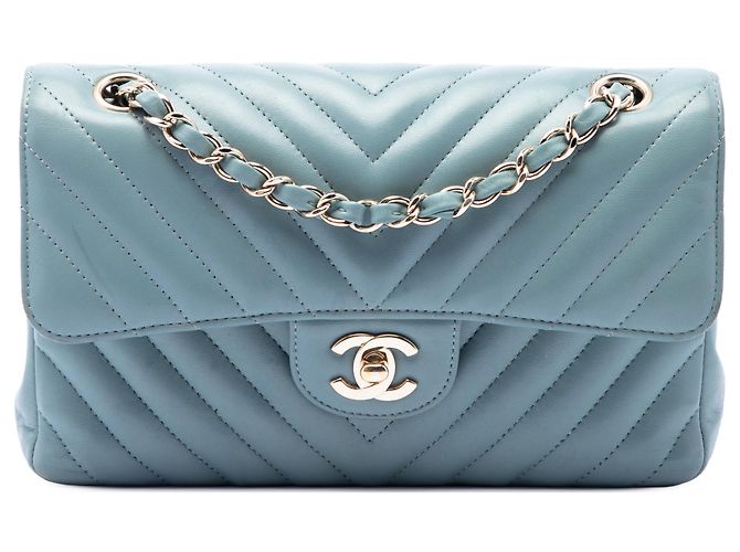 Chanel Blue Small Classic Chevron Lambskin Double Flap Azul Azul claro
