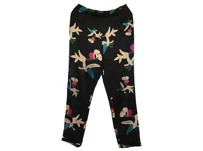Calças de seda pretas estampadas Chanel Preto Rosa Branco Azul Dourado Verde