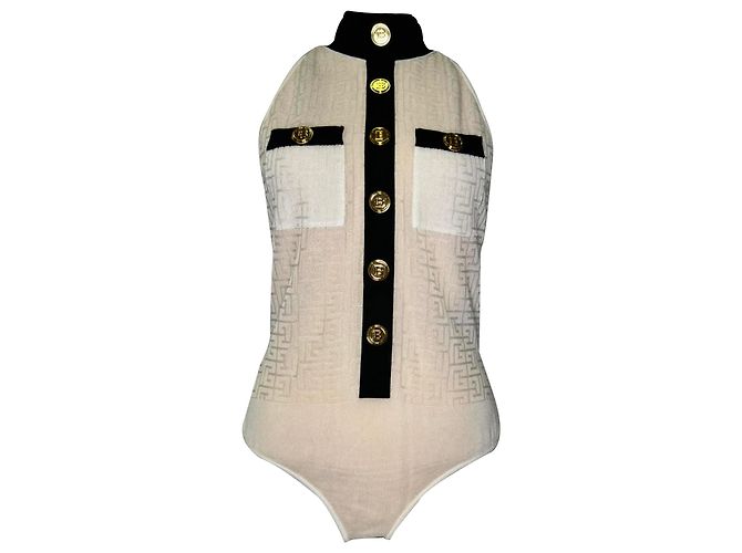 Balmain Monogram Jacquard Bodysuit in Cream Viscose White