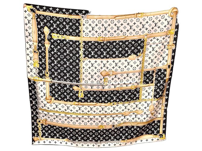 Lenço de seda Louis Vuitton Monogram Confidential 90 Preto Branco Dourado