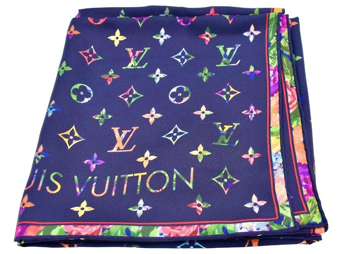 Louis Vuitton Monogram Fleurs Seidentuch Blau Mehrfarben
