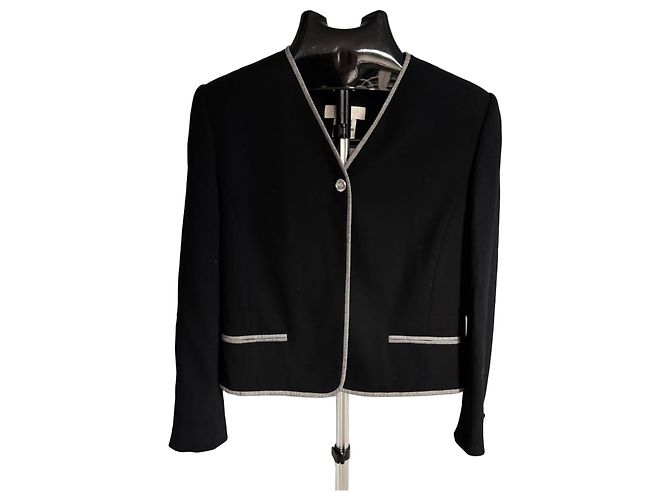 Escada Black Wool V-Neck Blazer with Grey Trim