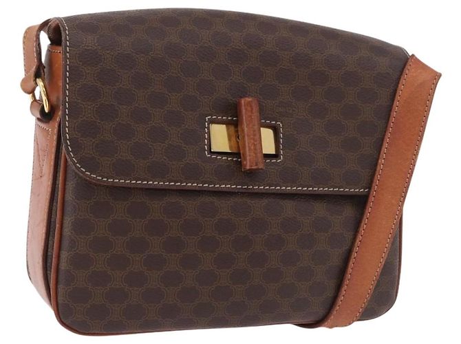 16 Céline Borsa a Spalla CELINE Macadam Canvas PVC Pelle Marrone Oro Auth 188782 D'oro