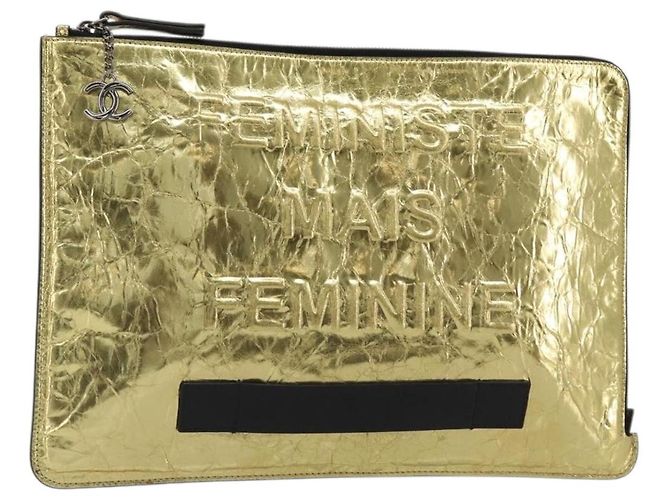 Bolsa Clutch CHANEL em couro, tons dourado e prateado, CC Auth BA13613SAM Prata
