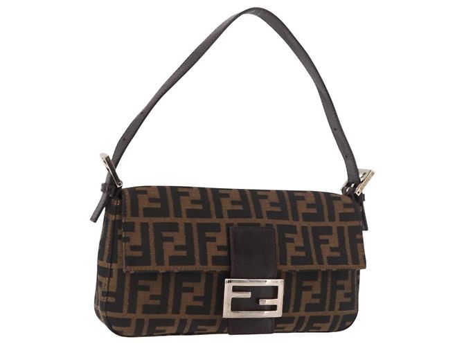 FENDI Zucca Canvas Mamma Baguette Borsa a Spalla Nero Marrone Auth 189064V