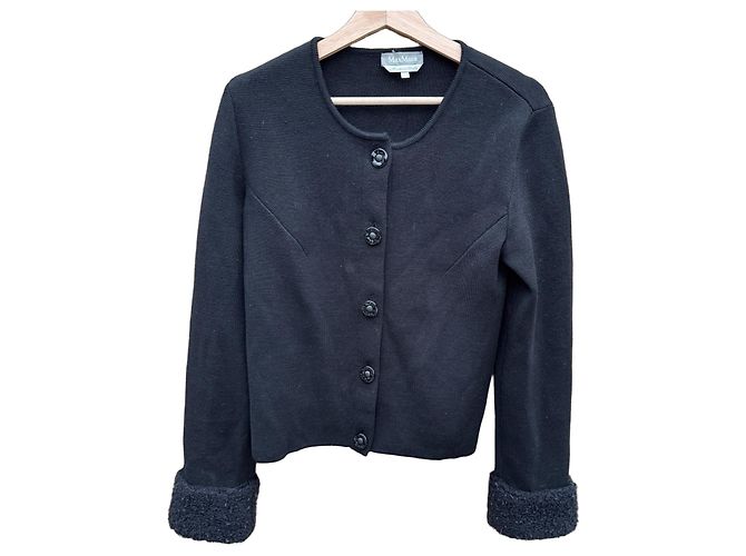 Max Mara Schwarzer Strickcardigan mit Pelzbesatz an den Ärmelbündchen